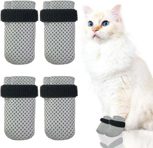 4 PCS Cat Mittens to Prevent Scratching,Mesh Breathable Cat Shoes,Adjustable Cats Anti Scratch Gloves,Suitable for Cats When Bathing and Nail Trimming (Grey, L)-PurrikoPets