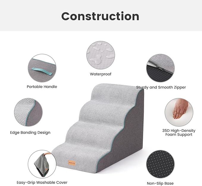 Gardner Pet Dog Stairs for Small Dogs 19.7" H, Curved 4-Step Pet Stairs, Dog Steps for High Bed (18-24 in), Couch with Durable Non-Slip Waterproof Fabric Cover and CertiPUR-US Certified Foam-PurrikoPets