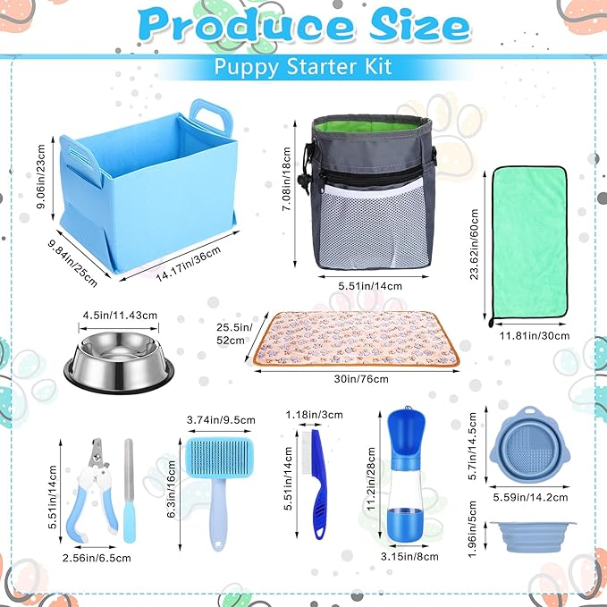 65 Pcs Puppy Supplies Starter Kit Small Dog Essentials Includes Dog Leash, Toys, Bowl, Brushes, Water Bottles, pet Blankets Puppy Accessories for New Welcome Gift Supplies(Cool,Blue)-PurrikoPets