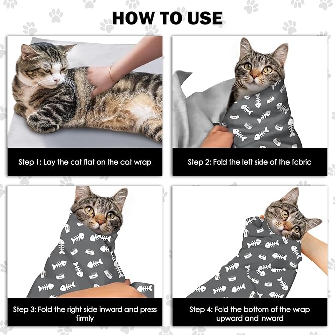27.6" Cat Grooming Wrap, Self Adhesive Cat Wrap for Cutting Nails, Anti-Escape Calming Cat Swaddle Wrap for Medicine Ear Cleaning, Anti-Scratch Cats Burrito Restraint Blanket, Practical Pet Tool Grey-PurrikoPets