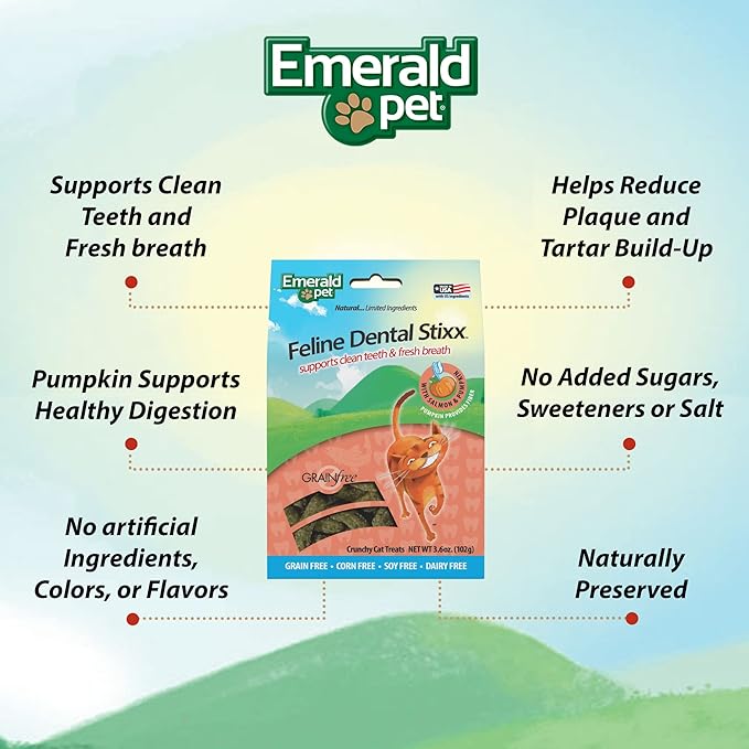Emerald Pet Feline Dental Stixx — Tasty and Crunchy Cat Dental Sticks with Pumpkin for Digestive Health — Natural Grain Free Dental Treats for Clean Cat Teeth and Fresh Breath — Salmon Stixx, 3.6 oz-PurrikoPets