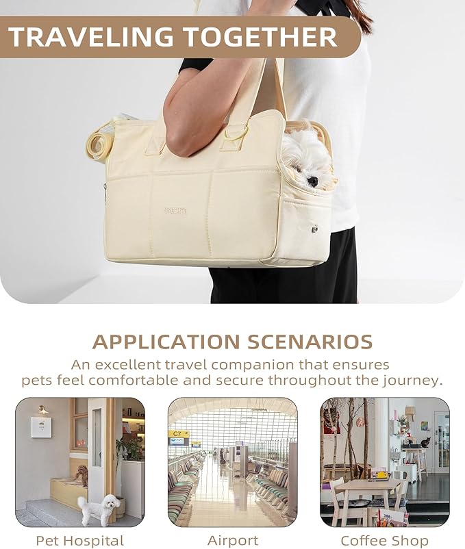 Dog Purse Carrier for Small Dogs Rabbit cat with Large Pockets, Cotton Bag, Dog Carrier Soft Sided, Collapsible Travel Puppy Carrier (Beige, 13.6" L x 6.5" W x 10" H)-PurrikoPets