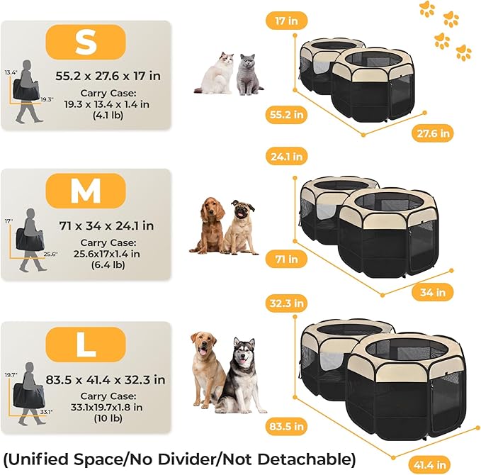 EighteenTek 2-in-1 Pop Up Cat Playpen, Assembly-Free Dog Puppy Pet Playpen, Indoor Outdoor Cats Enclosed, Cat Tent House Crate Cage, Portable & Foldable Playpen for Kittens(No Divider, Unified Space)-PurrikoPets