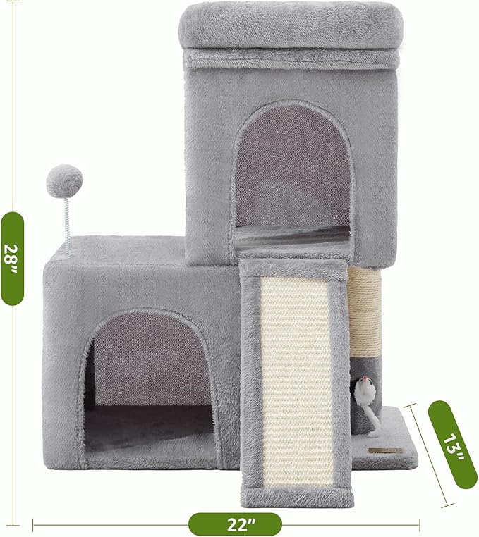 24inch Tall cat Tree with 2 cat condo and Mouse Toy Cozy Small cat Tower with Scratching Post and Board for Kitties and Small Cats.（Light Grey）-PurrikoPets