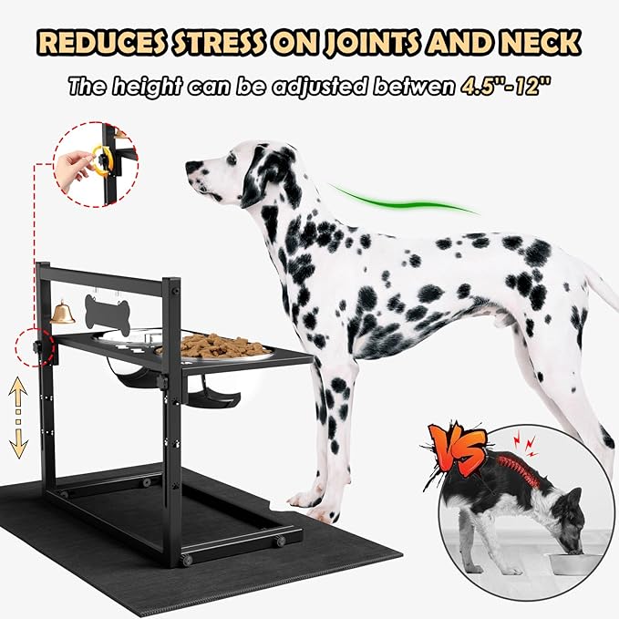 Elevated Dog Bowls with Slow Feeder and Spill Proof Mat, Adjustable Height 4.3-11.8'', Two 1.7L Stainless Steel Food & Water Bowls, Metal Raised Dog Bowl Stand, for Large Medium Breeds-PurrikoPets