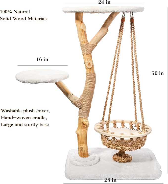 50" Tall Cat Tree Tower, Modern Cat Tree for Indoor Cats, Washable Wooden Perchs and Climbers for Large Cats, Cute Cat Furniture with Unique Cat Swing-PurrikoPets