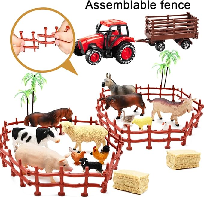 3 Pack Farm Toy Tractor with 40pcs Plastic Animals Figurines and Fence Playset, Farm Figures Farmer Vehicle Toy Truck with Trailer for 3-12 Years Old Kids Boys Girls Toddlers-PurrikoPets