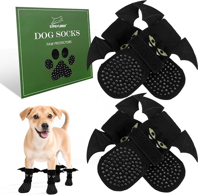 EXPAWLORER Halloween Anti Slip Dog Socks to Prevent Licking Paws, Boots & Paw Protectors with Grippers,Doggie Booties for Hardwood Floors for Small Medium Large Senior Dogs Costume Black Devil Wings S-PurrikoPets