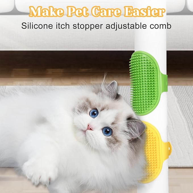 4Pcs Adjustable Cat Self Groomer, Silicone Cat Brushes for Indoor Cats Grooming Self Cleaning, Cats Face Scratchers Massager for Corner Scratcher, Pet Supplies (Green & Yellow)-PurrikoPets