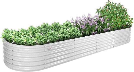 A ANLEOLIFE 12X3X1.5 ft Galvanized Raised Garden Beds Outdoor, Oval Extra Large Metal Planter Box for Planting Vegetables Flowers Herb, Anti-Rust & Easy-Setup, Antique White-PurrikoPets