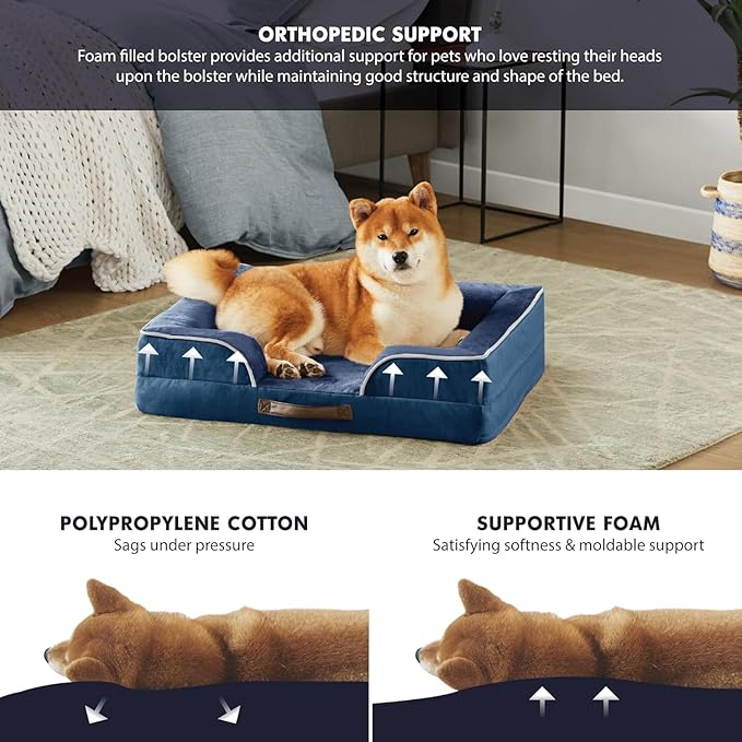 Friends Forever Orthopedic Dog Bed for Medium Dogs, Waterproof Memory Foam Dog Sofa Bed M with Removable Washable Cover, Ally Navy, 28x23x6.5-PurrikoPets
