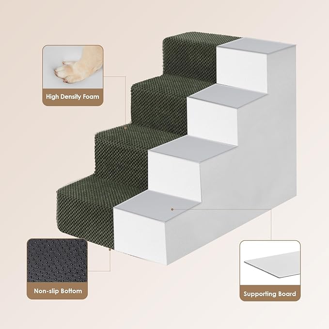 EHEYCIGA Dog Stairs for Bed 18" H, 4-Step Dog Steps for High Bed, Pet Steps for Small Dogs and Cats, Non-Slip Balanced Pet Ramp Indoor, Olive Green-PurrikoPets
