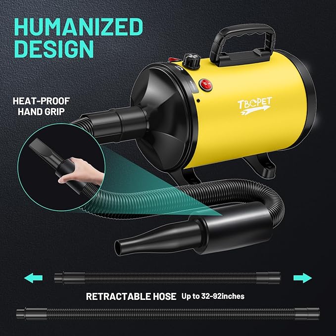 Dog Dryer High Velocity Dog Hair Dryer with 4 Nozzles 5.2HP/3800W (Professional Super Cyclone), Stepless Adjustable Speed Temperature Dogs Grooming Blow Dryer with Heater for Pets Hair Dryer, Yellow-PurrikoPets