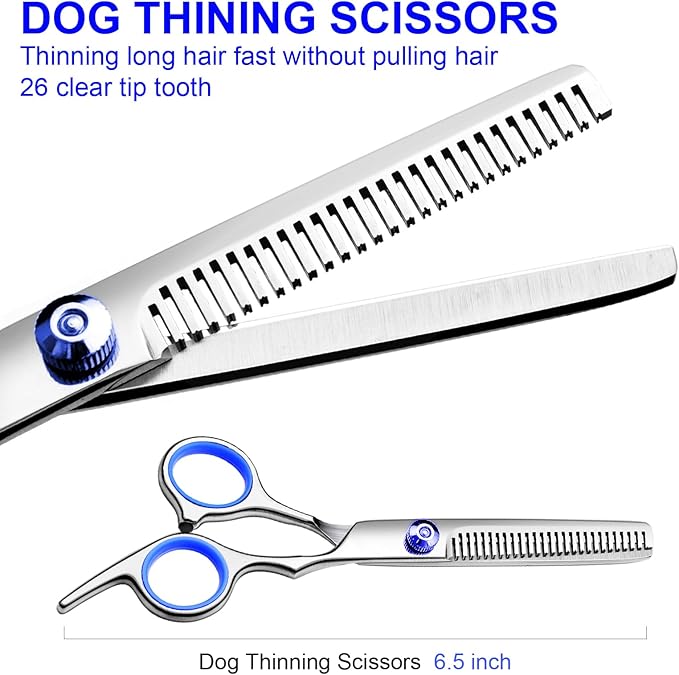 Professional Dog Grooming Scissors Kit, Titanium Coated Dog Scissors for Grooming, Grooming Shears Kit - Straight,Thinning, Curved Scissors and Comb for Dog Cat Pet (Blue 5 in 1)-PurrikoPets