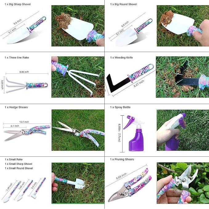 Garden Tools Set, 11 Pieces Gardening Gifts with Purple Floral Print, Ergonomic Handle, Trowel, Rake, Shovels, Pruner, Shears, Sprayer, Gloves, Garden Hand Tools with Carrying Case-PurrikoPets