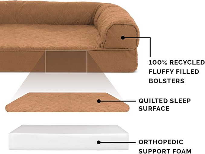 Furhaven Orthopedic Dog Bed for Large Dogs w/ Removable Bolsters & Washable Cover, For Dogs Up to 125 lbs - Quilted Sofa - Toasted Brown, Jumbo Plus/XXL-PurrikoPets