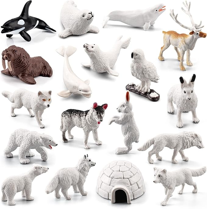 18pcs Arctic Animal Figures, Realistic Arctic Animals Toy Figurines Set with Arctic Fox Wolf Polar Bear Reindeer Figures for Kids, Miniature Toys Cake Topper Birthday Gift-PurrikoPets