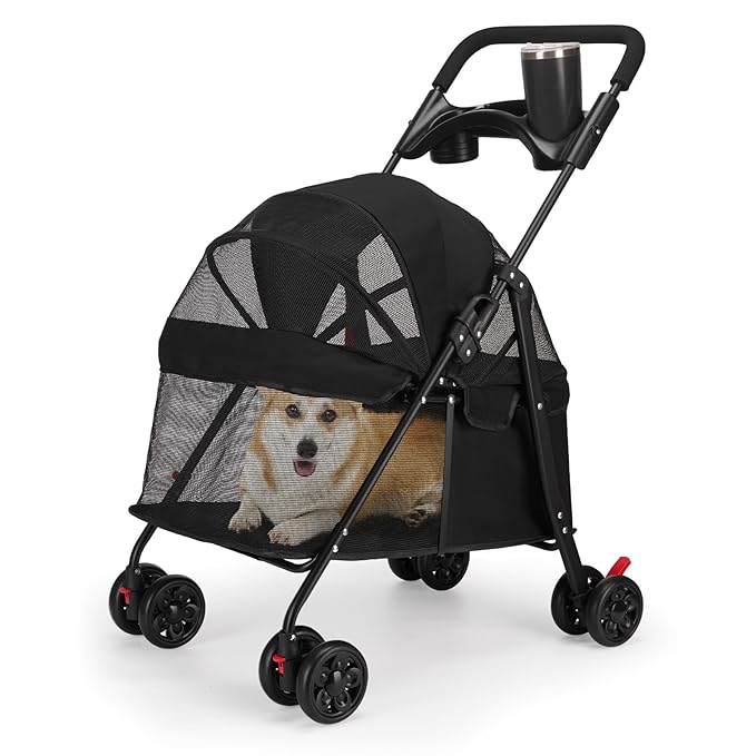 Foldable Pet Stroller for Small/Medium Pets up to 22 lbs - Lightweight 4-Wheel Design with Sun Canopy, Storage Bag & Breathable Mesh-PurrikoPets