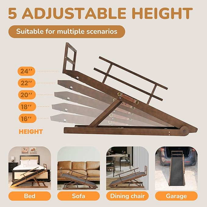 Dog Ramp for Bed, Adjustable Pet Ramps for Dog to Get on Bed, Non-Slip Rubber Surface - Folding Wooden Dog Ramp for Small/Large/Old Dogs, Adjustable up to 23.5 inch High Beds, Safety Railings-PurrikoPets