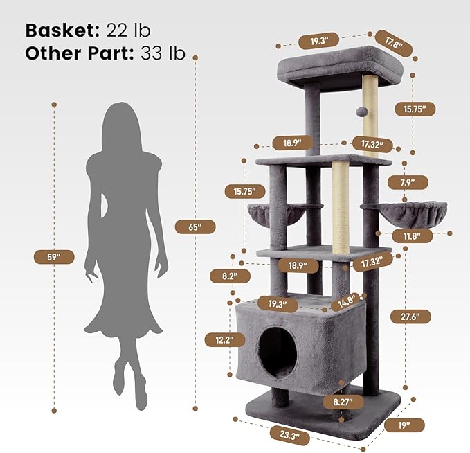 Gardner Pet 65in Heavy Duty Cat Tree Tower for Large Cats, Multi-Level Cat Furniture with Replaceable Sisal Scratching Post, Hammock | Extra-Large Platform & Condo (Grey)-PurrikoPets