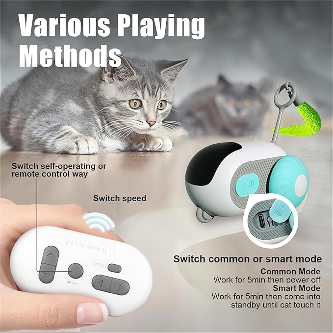 1pc Interactive Automatic Remote Control Cat Mice Car Toy and 1pc Smart Electric Moving Speedy Cat Ball Toy with Feather Tail, Suitable for Dogs, Keep Busy, Stimulating, Rechargeable (Blue)-PurrikoPets
