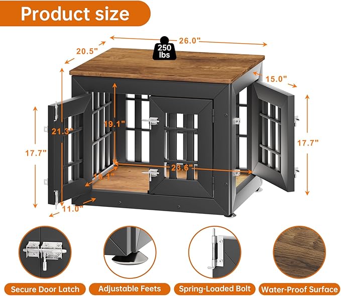 26" Heavy Duty Dog Crate Furniture for Small,Medium and Large Dogs,Rustic Wooden Dog Cage Kennel Indoor Furniture with Waterproof Top,Decorative Pet House Side End Table (Black & Wood)-PurrikoPets