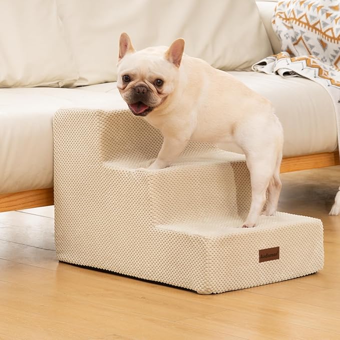 Dog Stairs for Small Dogs & Cats, 3-Step Extra Wide Non-Slip Pet Steps for Couch Sofa and Chair, Beige, 15.7" H-PurrikoPets