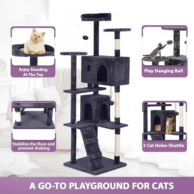 70 Inches Cat Tower for Indoor Cats, Multi-Level Cat Condos with Scratching Posts, Hanging Toys, Ashy-PurrikoPets