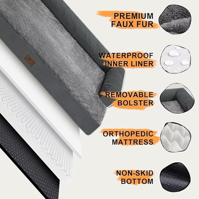 Extra Large Dog Bed-Orthopedic Waterproof XL Dog Bed for XLarge Extra Big Dogs - Foam Couch Sofa Washable with Removable Cover-Dark Grey-PurrikoPets