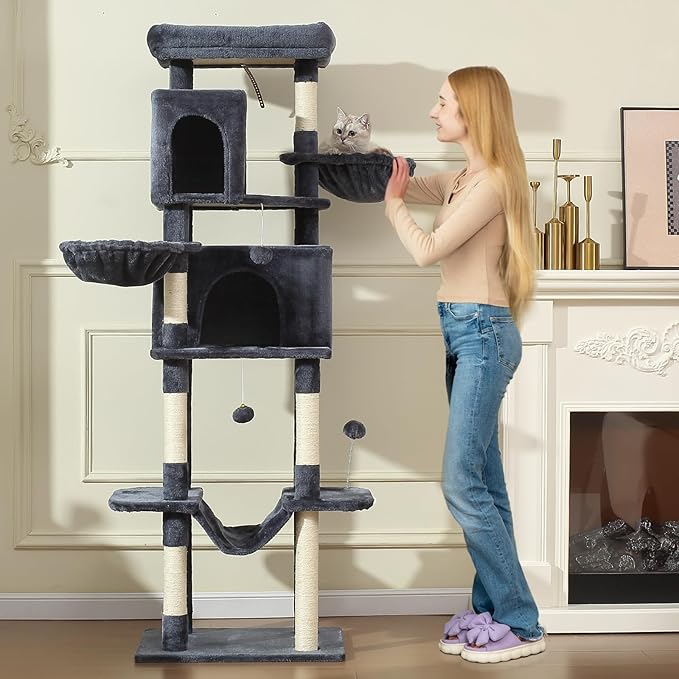 70-Inch Cat Tree,Large Cat Tree Tower with Hammock, Scratching Post, Condo and Multi-Level Cat Tower for Large Cats, Cat Activity Center Playhouse, Dark Gray LCT016-PurrikoPets