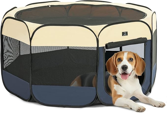 A 4 Pet Portable Dog Playpen, 49” Playpen for Dogs with Bowl, Suitable for Puppies, Kittens, and Small Animals, Removable Zipper & Mesh Panel(19”W × 12”H)-PurrikoPets