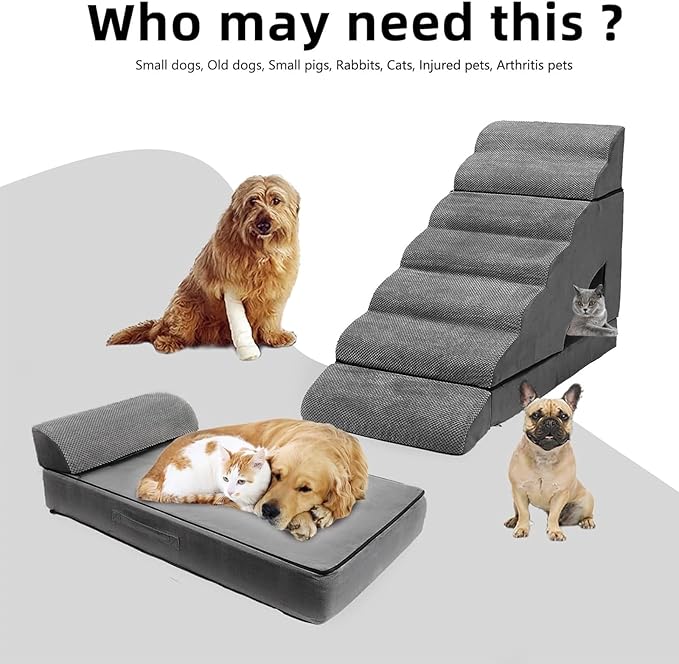Foam Dog Stairs & Steps Ramps for High Beds 30-36 inches High Tall Large Dogs, LitaiL 7 Step Pet Stairs Steps for High Beds 30 inch Small Dogs, Non-Slip Dog Ramps for Bed-PurrikoPets