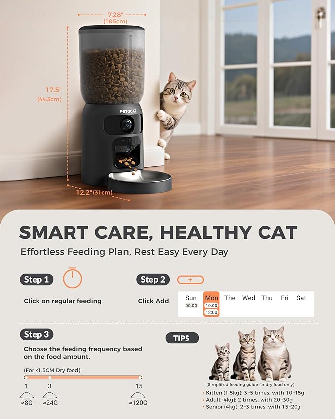 AI Cat Feeder with Dual Cameras (1 Adjustable), 2K HD Night Vision, 5G/2.4G WiFi, 6L Automatic Pet Feeder with APP Control, Laser Interactive Toy, Two-Way Audio & Scheduled Feeding-PurrikoPets