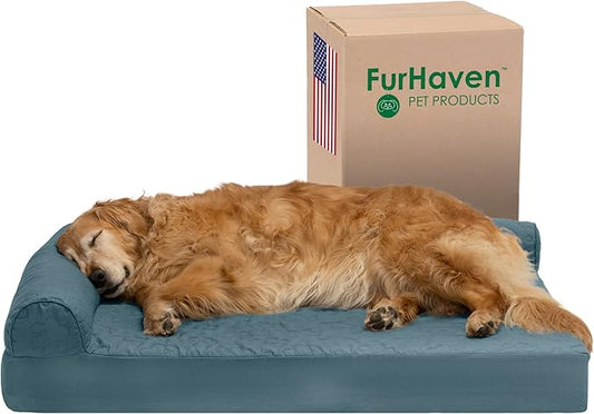 Furhaven Cooling Gel Dog Bed for Large Dogs w/ Removable Bolsters & Washable Cover, For Dogs Up to 95 lbs - Pinsonic Quilted Paw L Shaped Chaise - Bluestone, Jumbo/XL-PurrikoPets