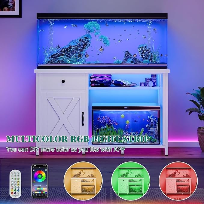 55 Gallon Fish Tank Stand with LED Light & Power Outlets, 55-75 Gallon Aquarium Stand with Drawer & Barn Door, 50" L x 20" W Cabinet for 2 Fish Tank Accessories Storage, Turtle Tank, Antique White-PurrikoPets