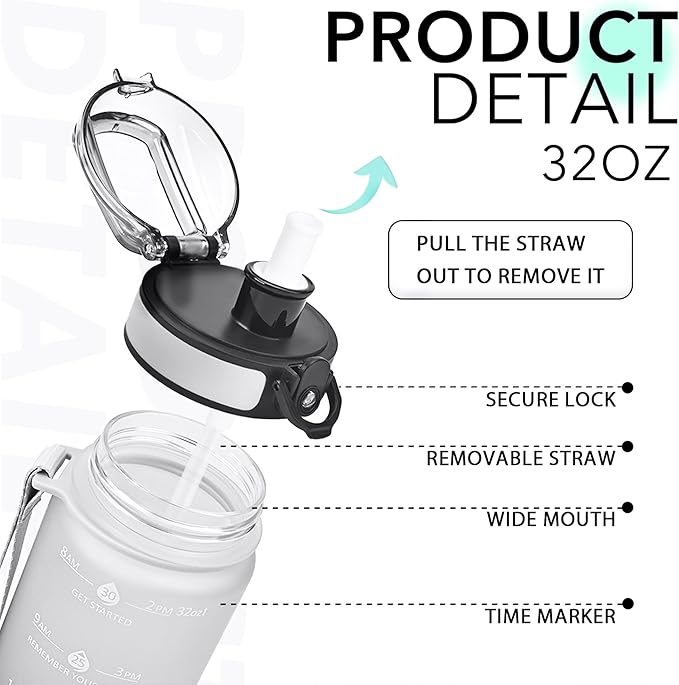 32oz Motivational Water Bottles with Time Marker & Fruit Strainer, Transparent Gradient Color Water Bottle with Times to Drink, Leakproof & BPA Free, Reusable Bottle with Strap (No Straw)-PurrikoPets