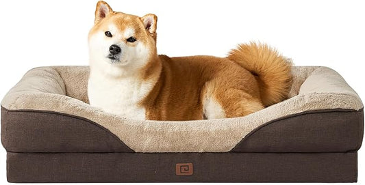 EHEYCIGA Memory Foam Dog Bed for Large Sized, Orthopedic Dog Sofa with Sides and Waterproof Liner, Washable Bolster Pet Bed Couch with Removable Cover, 36x27x7 Inch, Brown-PurrikoPets