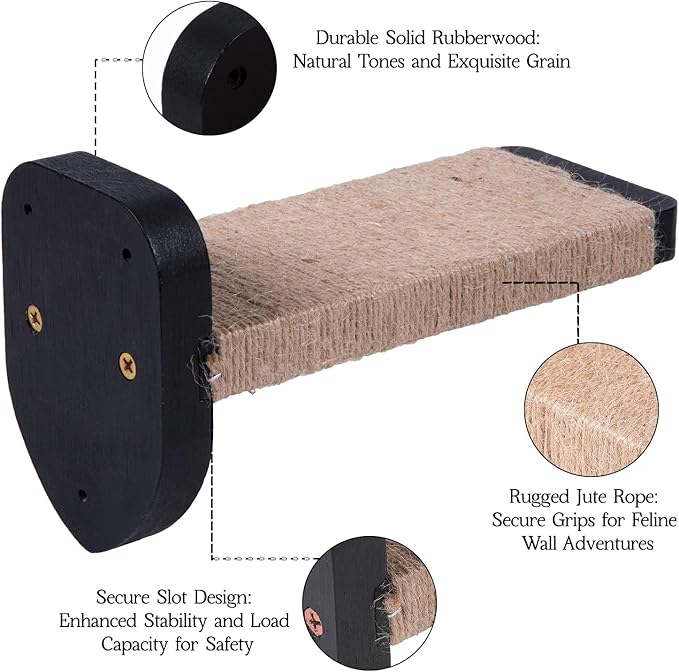 3pcs Wall Steps for Cats, Climbing Mounted Furniture, Shelves With Hemp Rope Covered, Solid Wood Ladder for Playing and Climbing (Large-Black)-PurrikoPets