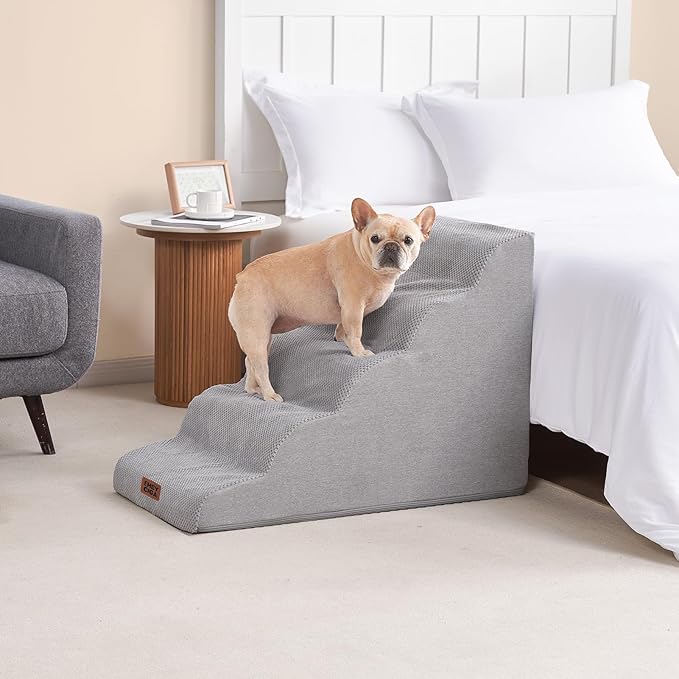 EHEYCIGA Curved Dog Stairs Ramp for High Beds, 5-Step Extra Wide Dog Steps for Small Dogs and Cats, Pet Stairs for High Bed Climbing, Non-Slip Balanced Pet Step Indoor, Light Grey-PurrikoPets