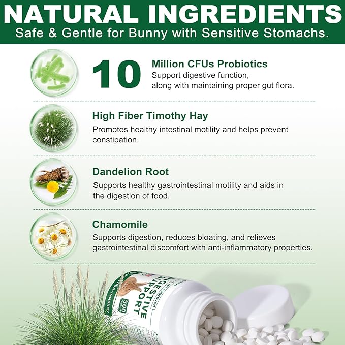 500 Tablets, Digestive Support Rabbit, Support GI Stasis, Bloat, Constipation, and Diarrhea, Strengthens Immune System, Premium Formula with High Fiber, Vitamins and Probiotics, Non-GMO-PurrikoPets