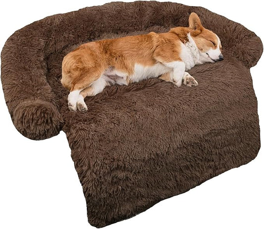 GGIB Calming Dog Bed Fluffy Plush Dog Mat for Furniture Protector with Removable Washable Cover for Large Medium Small Dogs and Cats (Medium, Coffee)-PurrikoPets