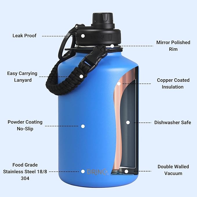 Drinco Stainless Steel Water Bottle Spout Lid Vacuum Insulated Double Wall Water Bottle Wide Mouth (64oz 40oz 32oz 22oz 18oz 14oz) Leak Proof Keep Cold Sport Camping Hiking (64 oz, 64oz Royal Blue)-PurrikoPets