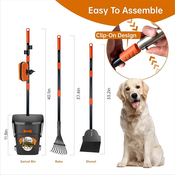 Dog Pooper Scooper with Bags & Dispenser - 37.4" Long Durable Metal Handle Swivel Bin & Rake & Spade Kit, Large Capacity Portable Pooper Scooper for Yards，Easy to Assemble-PurrikoPets