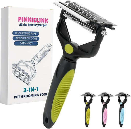 3-IN-1 Pet Grooming Tool - Undercoat Rake, Dematting Comb & Deshedding Brush for Cats & Dogs - Removes Mats, Tangles & Loose Fur, Reduces Shedding & Prevents Hair Mess (Green)-PurrikoPets