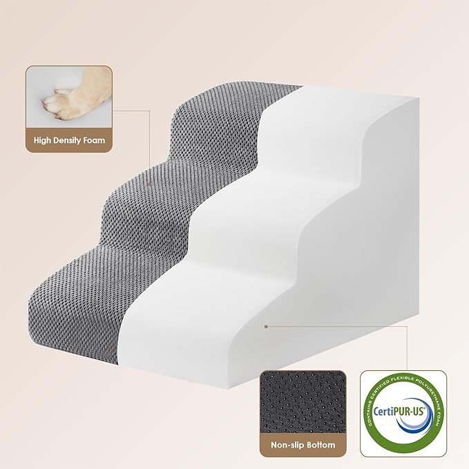 EHEYCIGA Curved Dog Stairs Ramp for Small Dogs 15.7" H, 3-Step Dog Steps for Couch Sofa and Chair, Pet Stairs for Cats, Non-Slip Balanced Pet Steps Indoor, Grey-PurrikoPets