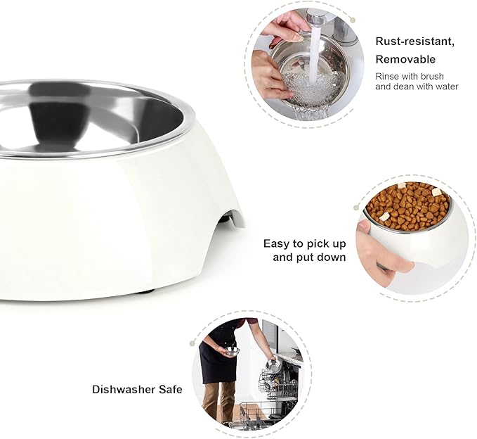Double Dog Bowls Set – Non-Slip Pet Food & Water Dishes with Resin Stand, Includes Small (1 Cup) & Medium (2 Cups) Bowls – Ideal for Puppies, Cats, and Medium Dogs – White-PurrikoPets