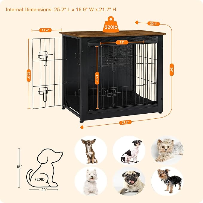 DWANTON Dog Crate Furniture with Cushion, Wooden Kennel Table with Double Doors, Indoor Dog House, Small/Medium/Large Size, 27.2" L, Black+Warm Brown-PurrikoPets