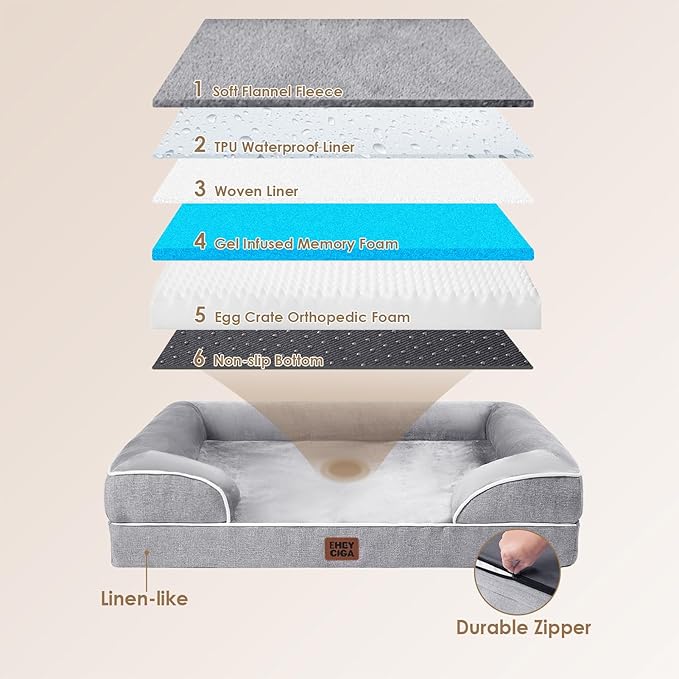 EHEYCIGA Orthopedic XL Dog Beds, Waterproof Memory Foam Dog Bed for Extra Large Dogs, Non-Slip Bottom and Egg-Crate Foam Big Pet Couch Bed with Washable Removable Cover, Grey-PurrikoPets