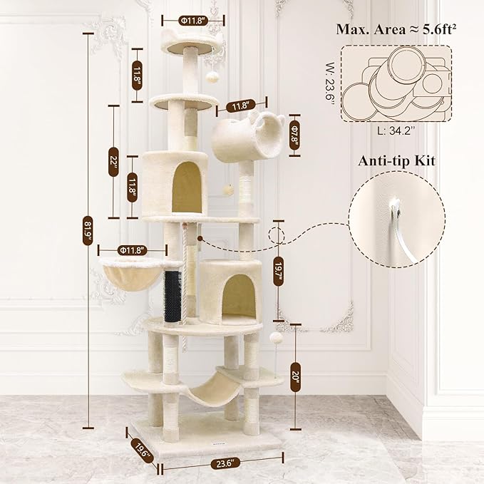 Globlazer Artistic Curved Cat Tower for Small Cats (Under 12 lbs), 81-inch Slim Design Cat Tree with Space-Saving Design, Indoor Cat Condo with Hammock & Tunnel, C81, Beige, Non-Large Cats-PurrikoPets