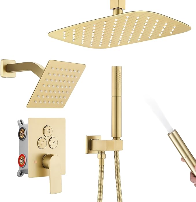 12 Inch Rain Shower System, Brushed Gold Shower Faucet Set with Push Button Diverter, 6 Inch Wall Mounted 3-Functions Bathroom Shower Systems with Dual-Function Handheld-PurrikoPets